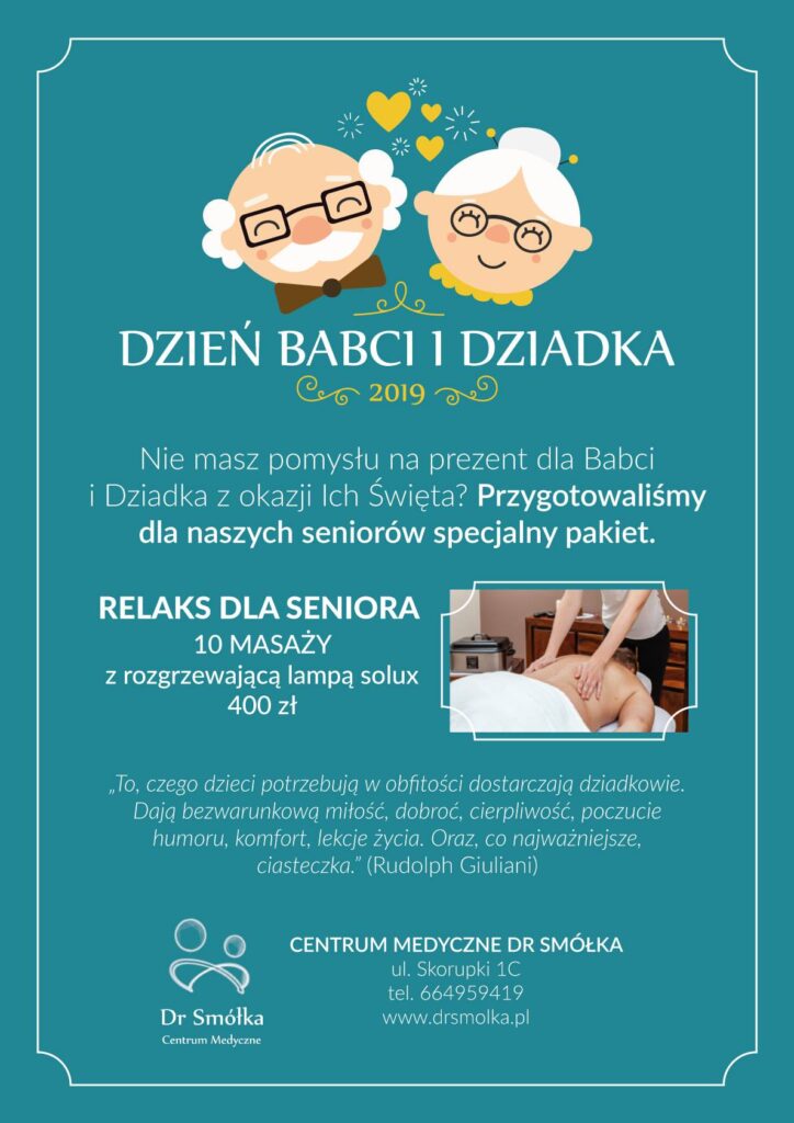 plakat informujący o ofercie pakietu masaży dla seniorów z okazji dnia babci i dziadka