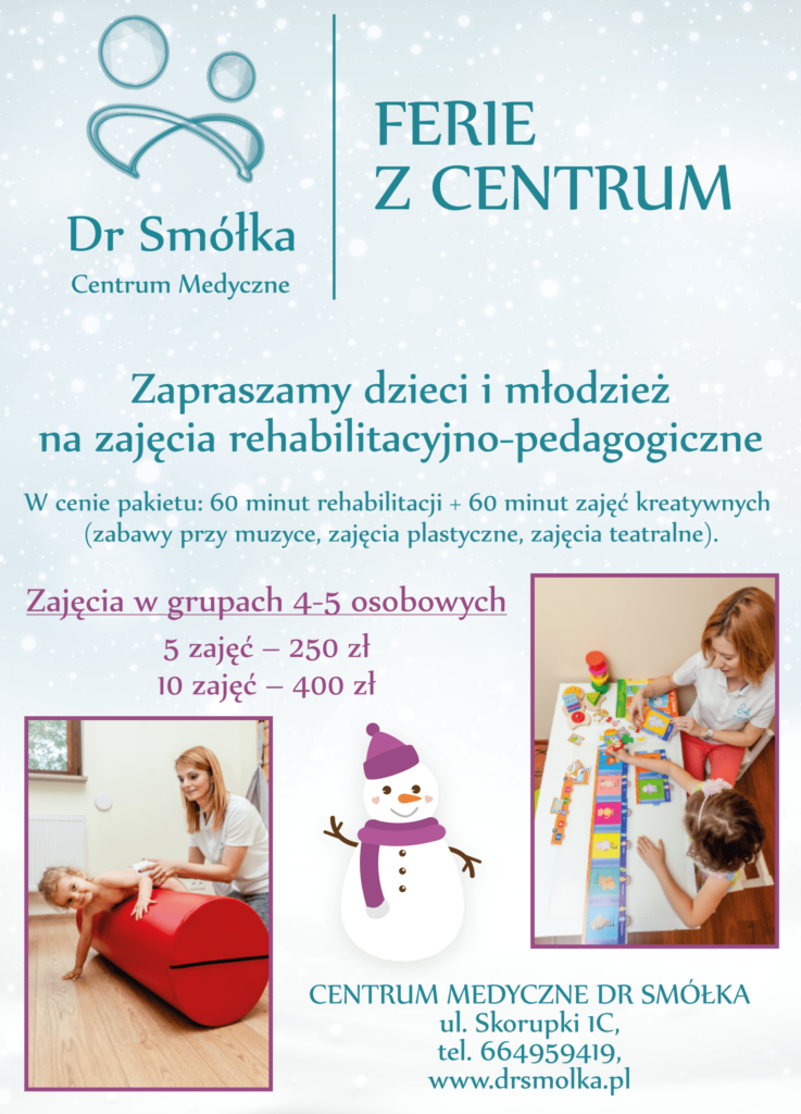 plakat zapraszający dzieci i młodzież na zajęcia rehabilitacyjne w okresie ferii zimowych