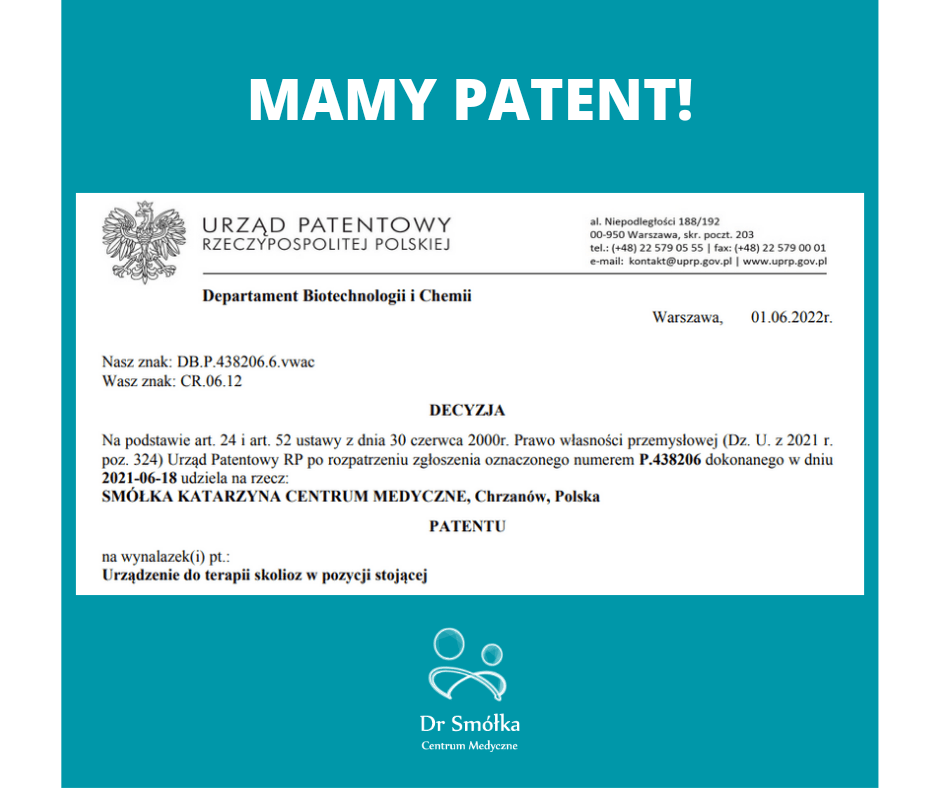 zdjęcie decyzji urzędu patentowego dotyczące patentu na urządzenie do terapii skolioz