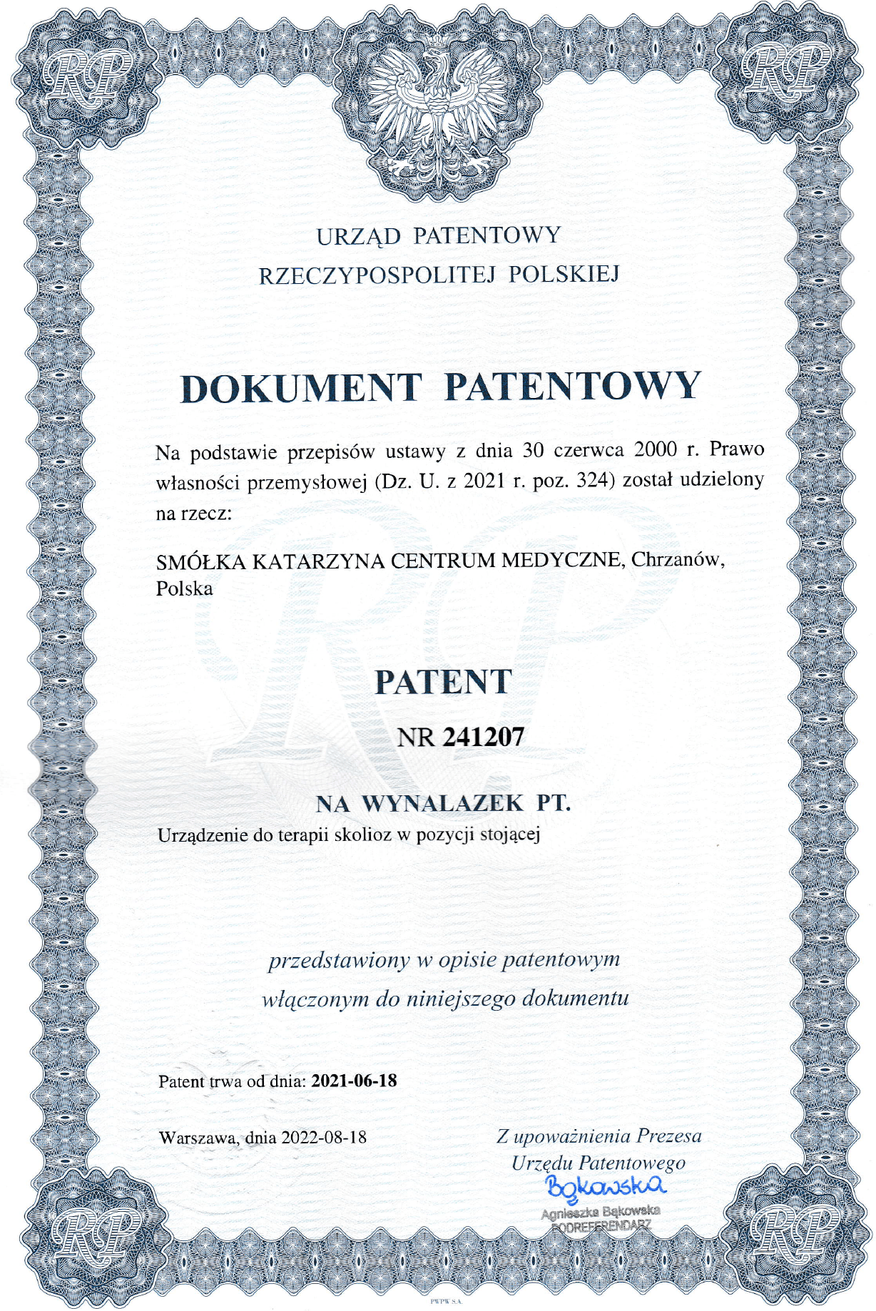 dokument patentowy urządzenia do terapii skolioz w pozycji stojącej